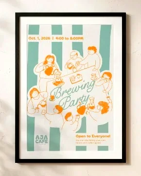 Framed Brewing Party poster with illustrated people brewing coffee, printed in green and orange.