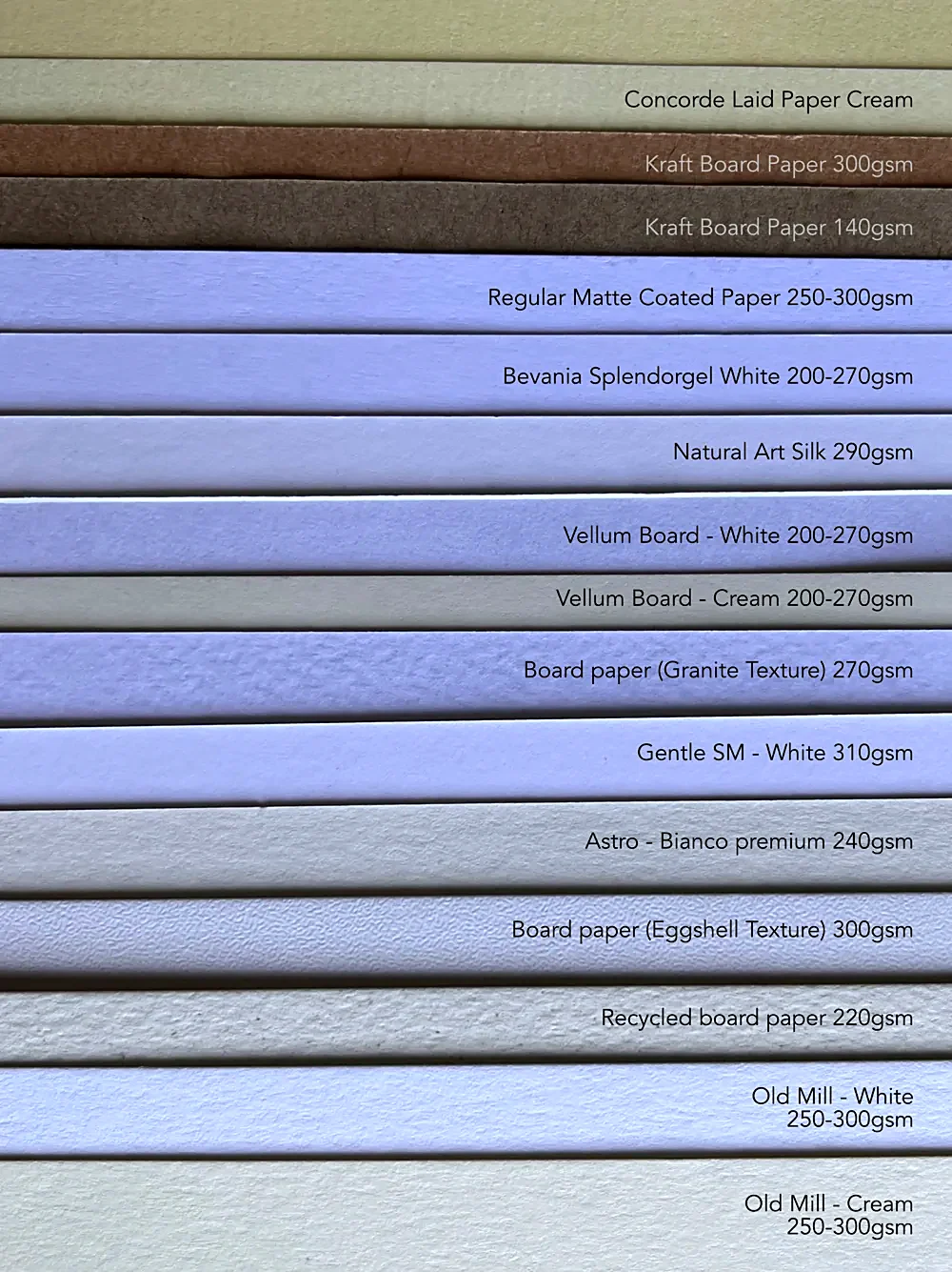 Stacked edges of cardstock papers in stock, each labeled with its name.