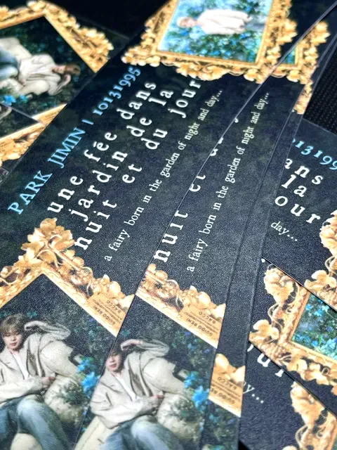Custom printed bookmarks with an ornate gold frame design