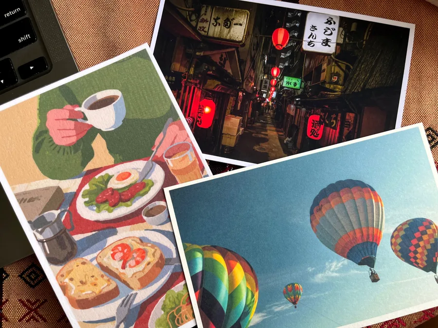 Three printed postcards: an illustrated breakfast table, a night alley with red lanterns, and hot air balloons in a blue sky